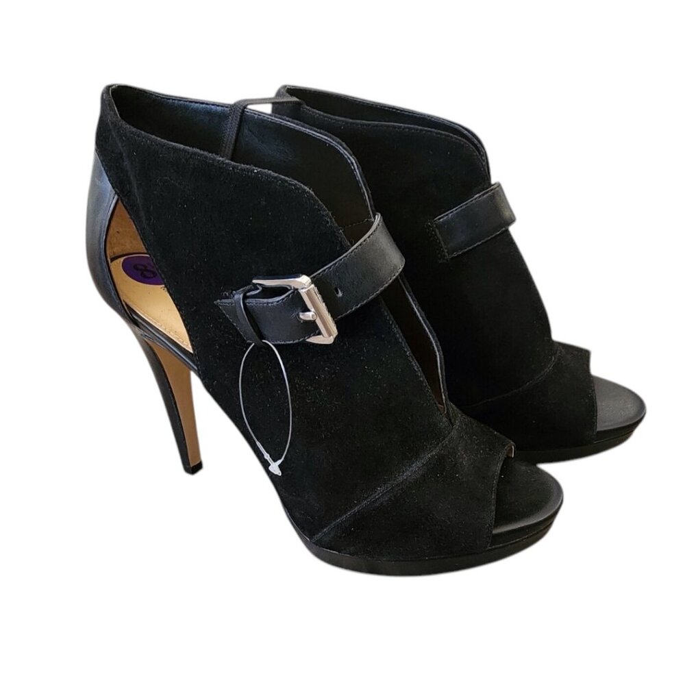 New MICHAEL Kors Black Suede Leather Isabella Open Peep Toe Heels Bootie Shoes - Picture 6 of 16